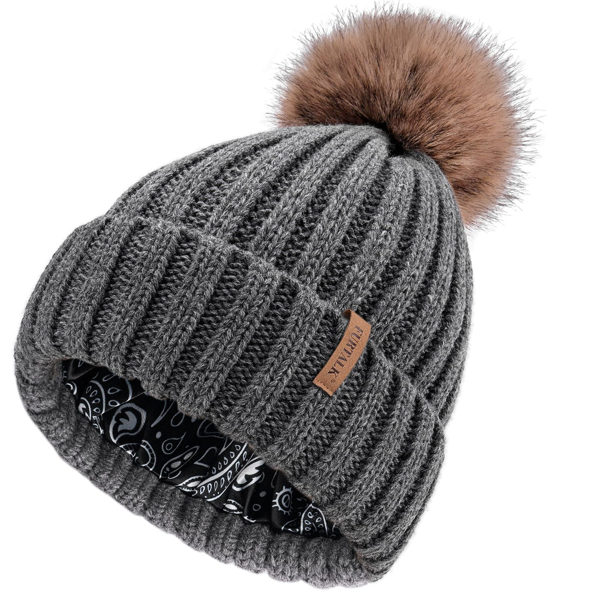 FURTALK Womens Winter Beanie Hat Satin Lined Faux Fur Pom Pom Beanies Hat for Women Winter Warm Knit Hats