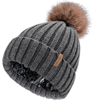 FURTALK Womens Winter Beanie Hat Satin Lined Faux Fur Pom Pom Beanies Hat for Women Winter Warm Knit Hats