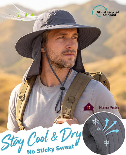 Home Prefer UPF 50+ Sun Hat with Neck Flap Wide Brim Fishing Hat for Men