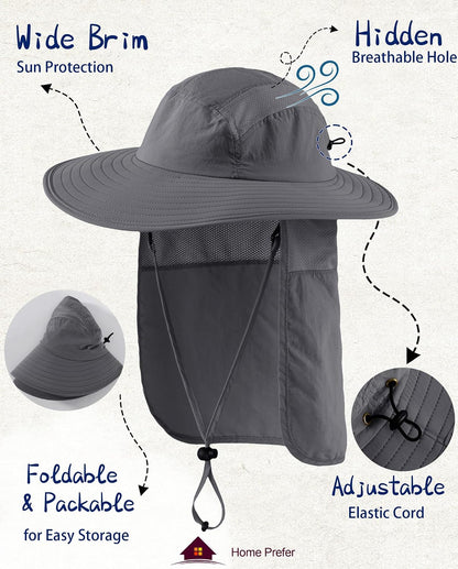 Home Prefer UPF 50+ Sun Hat with Neck Flap Wide Brim Fishing Hat for Men