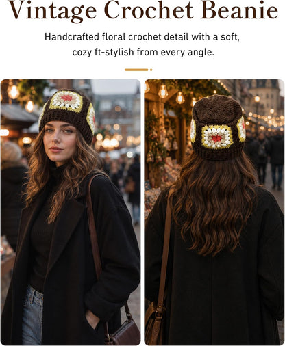 Floral Beanie for Women Granny Square Crochet Knit Warm Hat