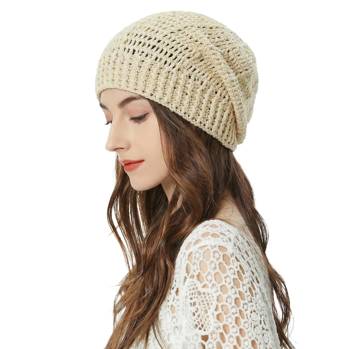 ZLYC Women Cotton Crochet Slouchy Beanie Hat Handmade Knit Summer Skull Cap