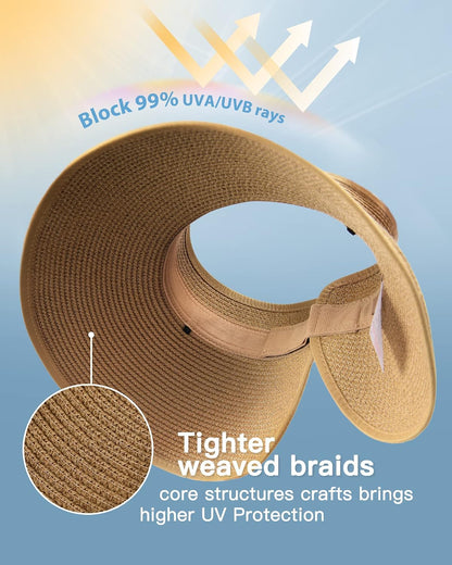 FURTALK Womens Sun Hat with Ponytail Hole Wide Brim Beach Straw Visor