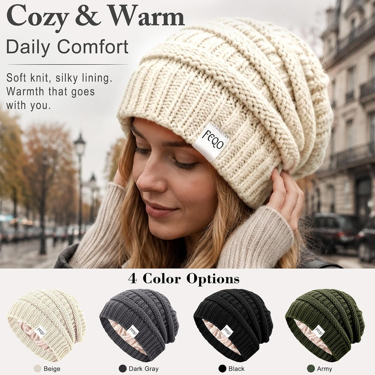 FEQO 4 Pack Satin Lined Beanies Slouchy Beanie Oversized Cable Knit Caps