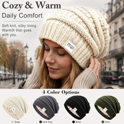 FEQO 4 Pack Satin Lined Beanies Slouchy Beanie Oversized Cable Knit Caps