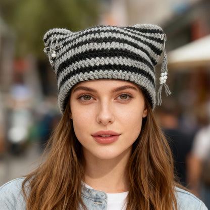 Cat Ear Beanie for Women, Y2K Striped Slouchy Crochet Goth Style with DIY Accessories, Cute Knit Hat with Ears
