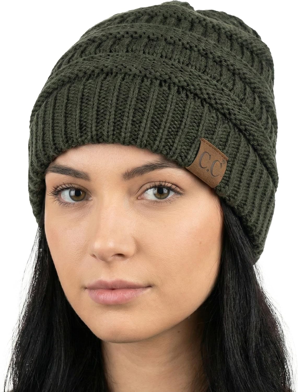 C.C Unisex Chunky Soft Stretch Cable Knit Warm Fuzzy Lined Skully Beanie