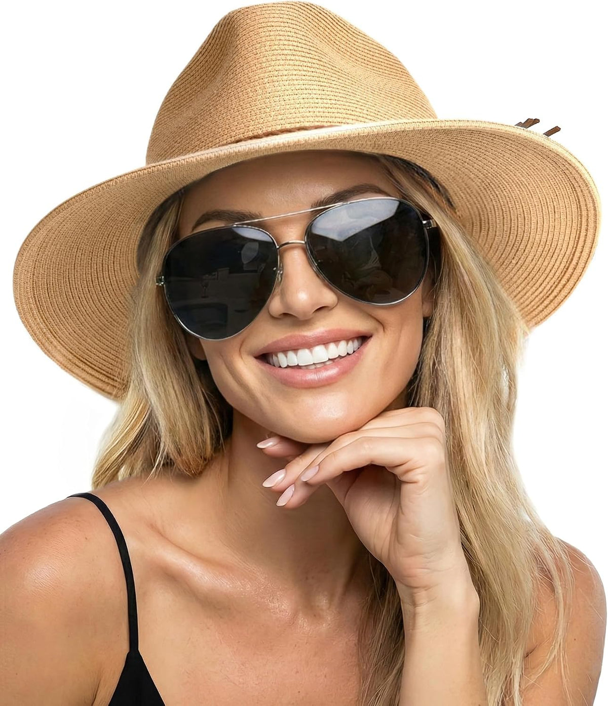 FURTALK Womens Wide Brim Sun Hat Beach Panama Fedora Straw Summer