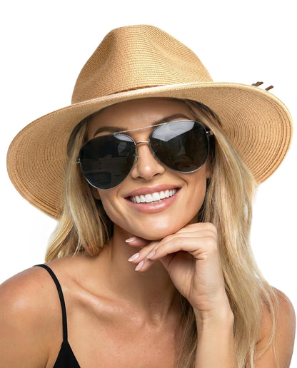 FURTALK Womens Wide Brim Sun Hat Beach Panama Fedora Straw Summer