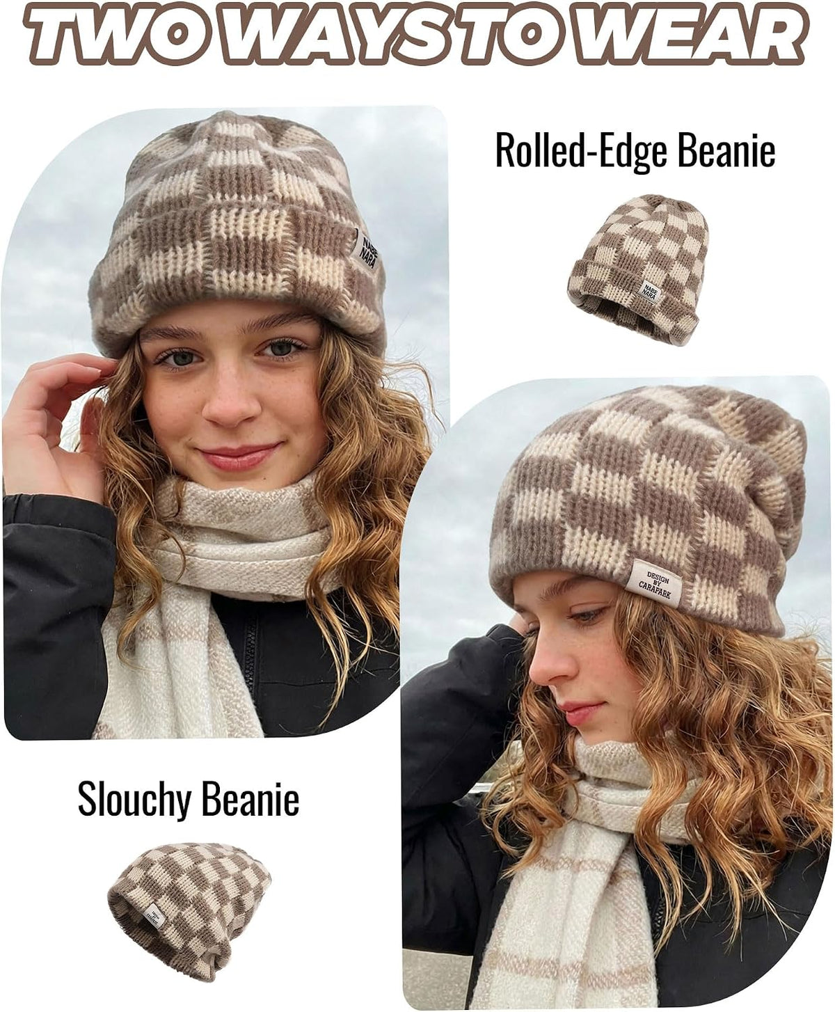 CLAPE Womens Cute Slouchy Beanies Hats, Winter Warm Chunky Checkered Beanie Large Cuff Knitted Hat Ski Cap for Cold Weather