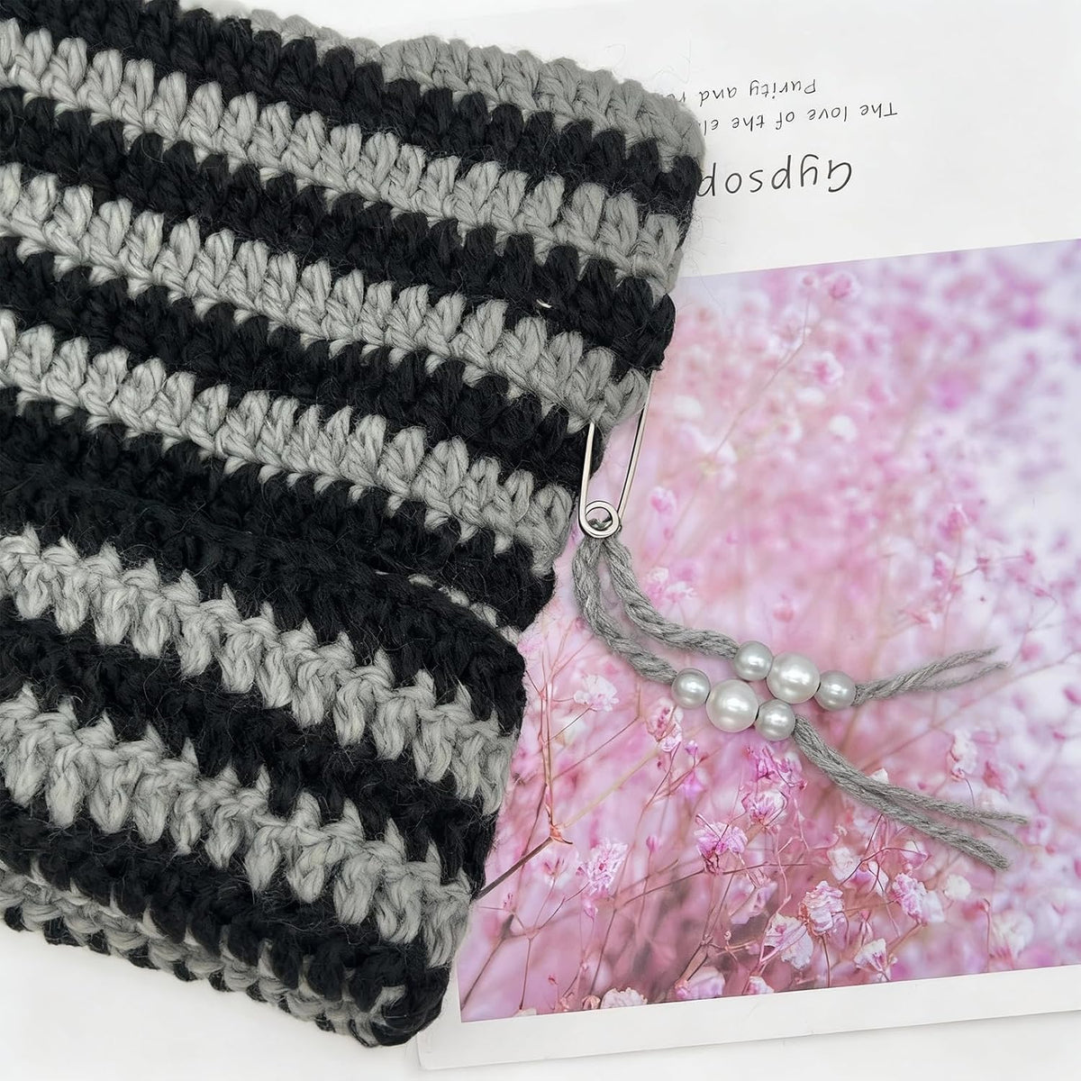 Cat Ear Beanie for Women, Y2K Striped Slouchy Crochet Goth Style with DIY Accessories, Cute Knit Hat with Ears