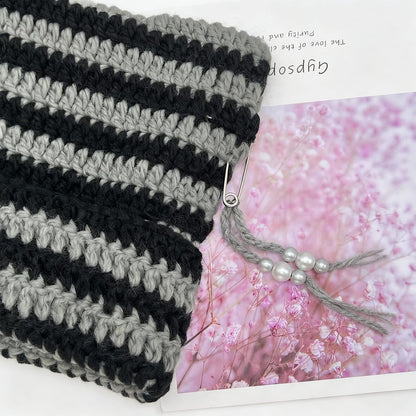 Cat Ear Beanie for Women, Y2K Striped Slouchy Crochet Goth Style with DIY Accessories, Cute Knit Hat with Ears
