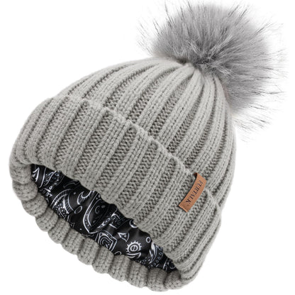 FURTALK Womens Winter Beanie Hat Satin Lined Faux Fur Pom Pom Beanies Hat for Women Winter Warm Knit Hats