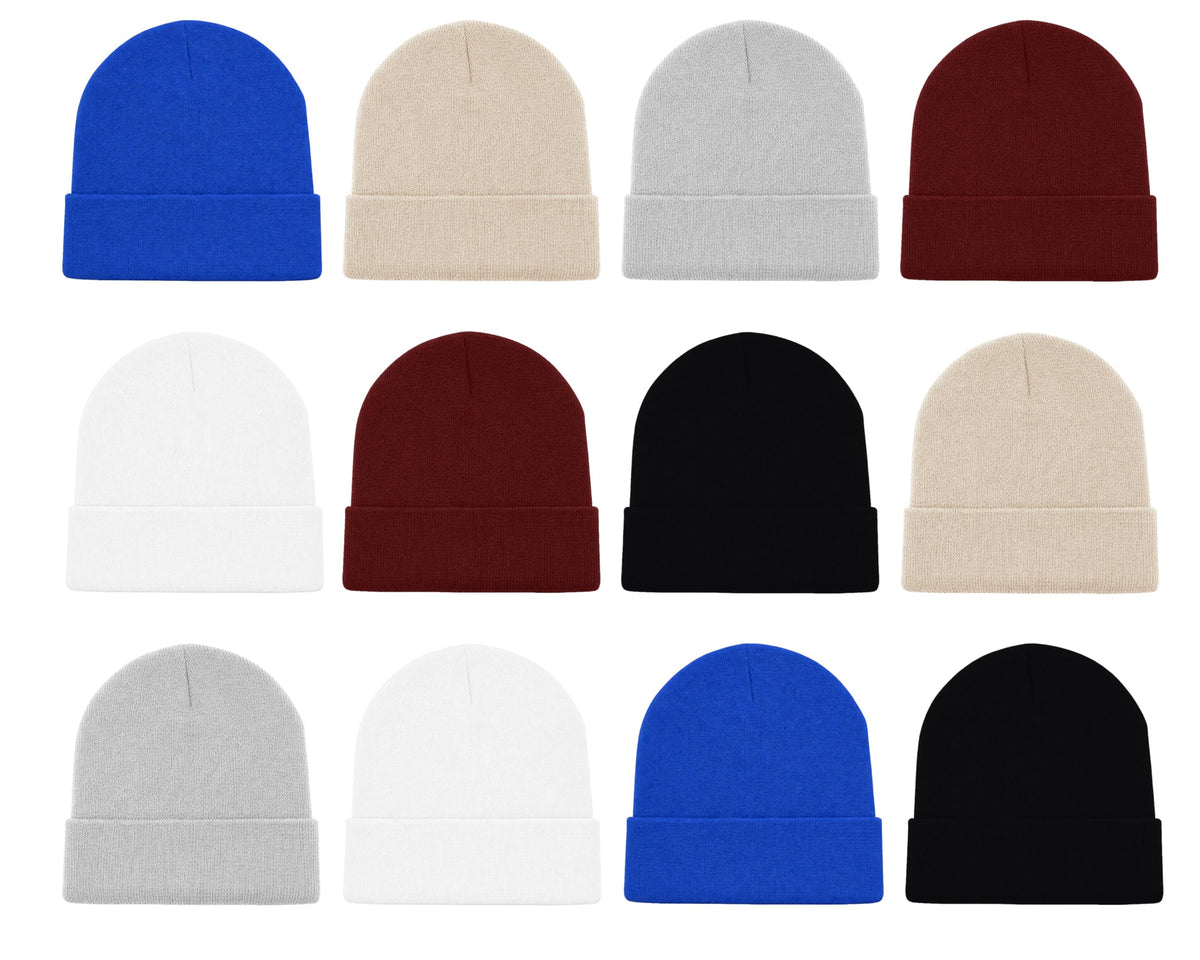 12 Pack Winter Beanie Hats for Men Women, Warm Cozy Knitted Cuffed Skull Cap, Wholesale