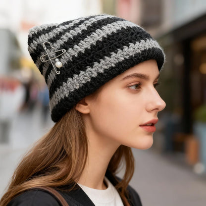 Cat Ear Beanie for Women, Y2K Striped Slouchy Crochet Goth Style with DIY Accessories, Cute Knit Hat with Ears