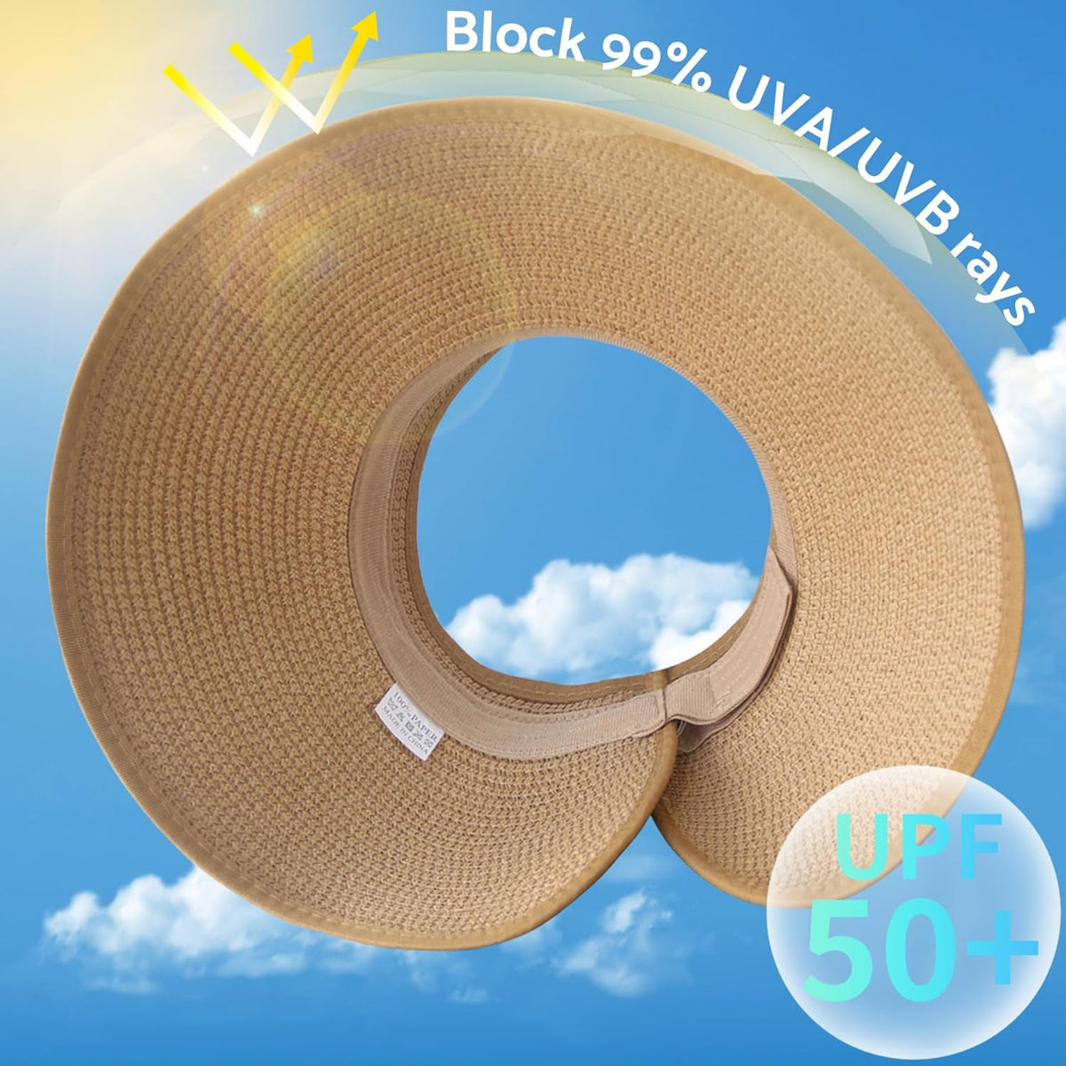 NPJY Sun Hats for Women Wide Brim Roll-Up Ponytail Packable Straw Visor