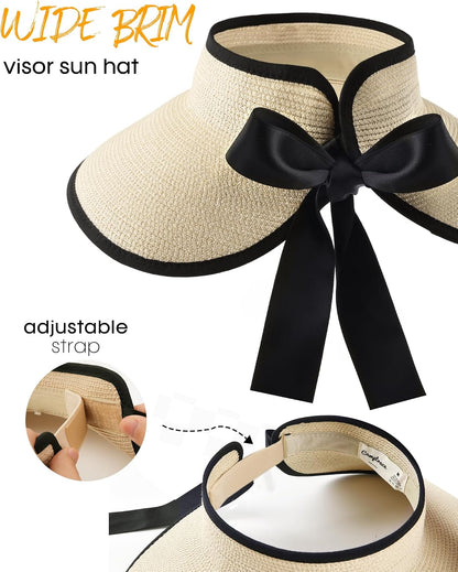 Camptrace Women's Straw Sun Visor Hat UPF Wide Shade Ponytail Summer Hat