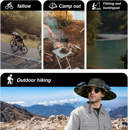 Fishing Hats with Sunglasses, Wide Brim Sun Hat with 2 Solar Fan, USB & Solar Powered Fishing Hats, Solar Fan Hats UPF 50+