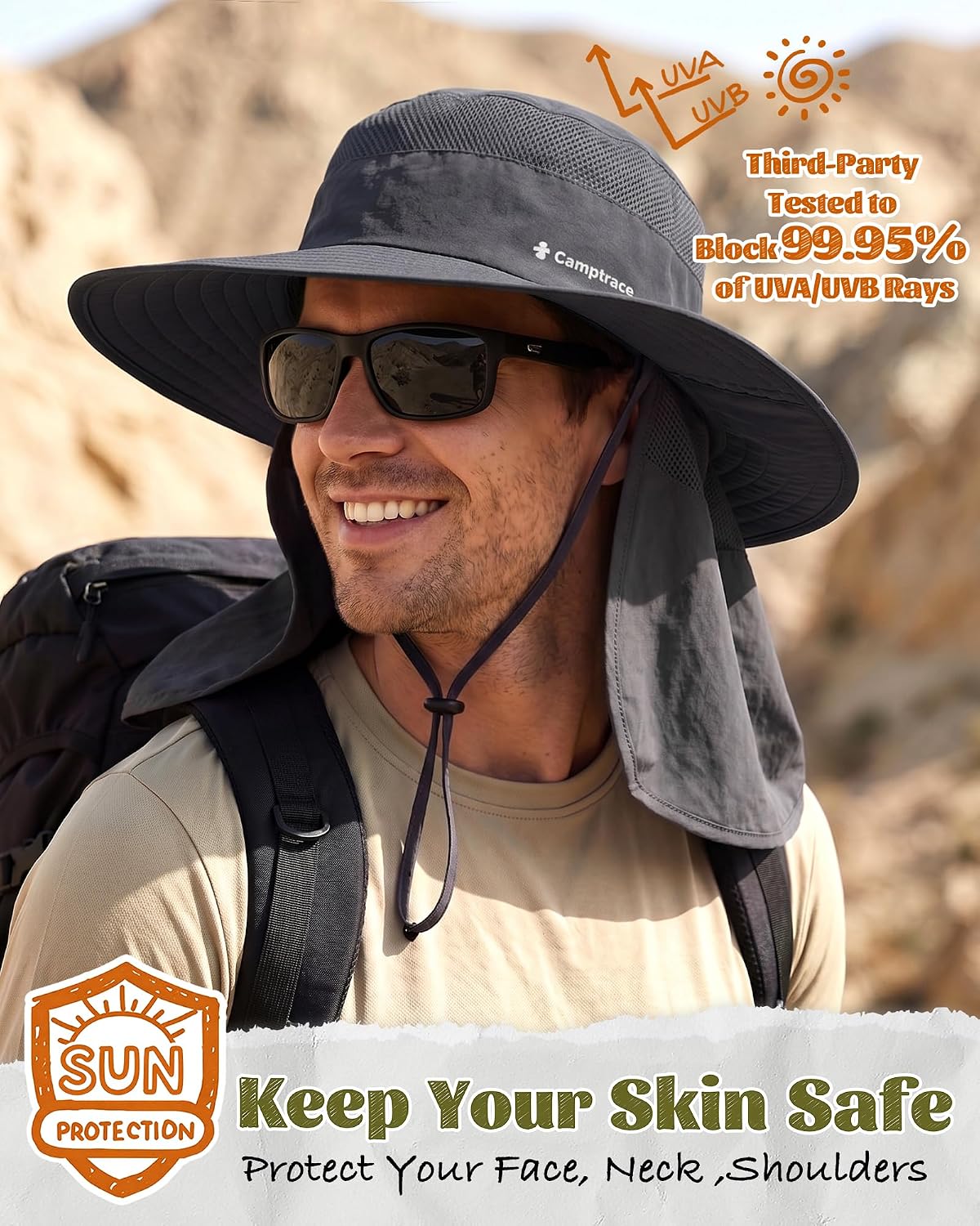 Camptrace Wide Brim Men Sun Hat with Neck Flap UPF Fishing Hiking Gardening