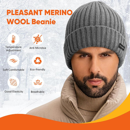 Winter Beanie Merino Wool Fleece Lined for Men Women Soft Warm Knit Hat Ski Stocking Cuffed Cap