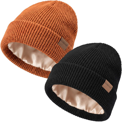 Satin Lined Beanie for Women Men Waffle Knit Winter Hats Thick Double Layer Warm Cuffed Silk Lining Cozy Soft