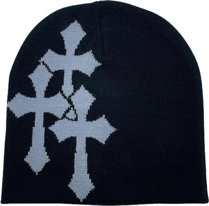 Y2K Dark Cross Wool Hat - Fashion Cross Pattern Loose Pile Knit Hat for Cold Weather - Autumn and Winter