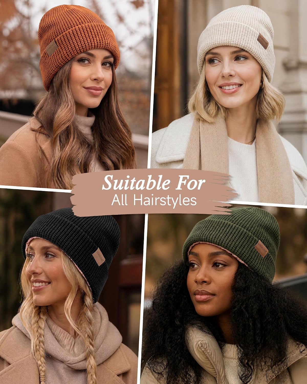 Satin Lined Beanie for Women Men Waffle Knit Winter Hats Thick Double Layer Warm Cuffed Silk Lining Cozy Soft
