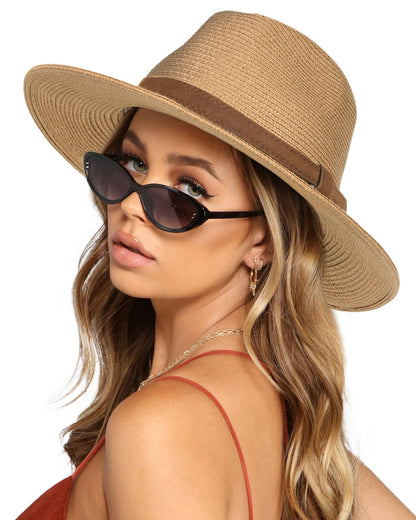 FURTALK Womens Mens Wide Brim Straw Panama Hat Fedora Summer Beach Sun Hat
