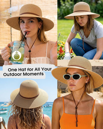 FURTALK Womens Wide Brim Sun Hat with Wind Lanyard UPF Summer Straw Sun Hats for Women