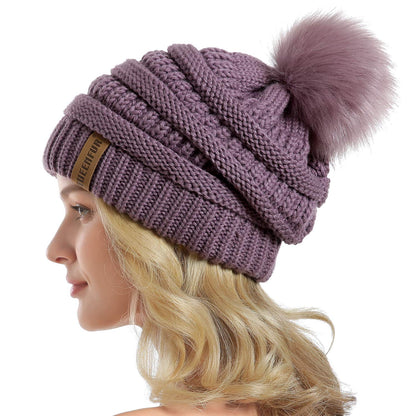 Women Knit Slouchy Beanie Chunky Baggy Hat with Faux Fur Pompom Winter Soft Warm Ski Cap