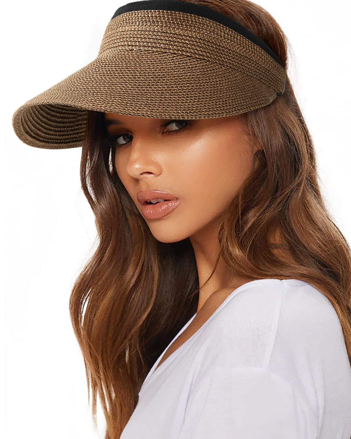 FURTALK Womens Sun Visor Hat Straw Sun Visors for Women Summer Packable Ponytail Beach Hats for Women Travel UPF 80+