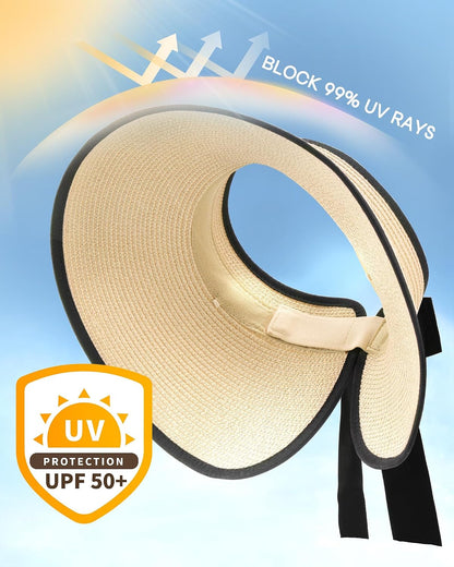 Camptrace Women's Straw Sun Visor Hat UPF Wide Shade Ponytail Summer Hat