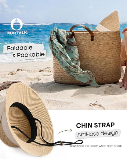 FURTALK Womens Beach Sun Straw Hat Wide Brim UV Protection Travel Hat