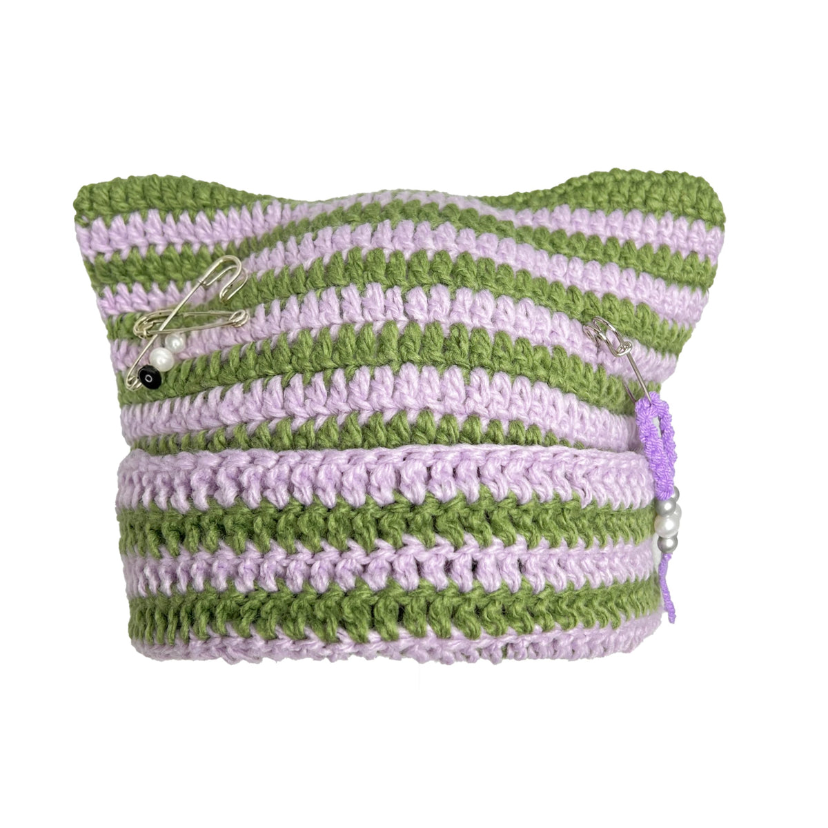 Cat Ear Beanie for Women, Y2K Striped Slouchy Crochet Goth Style with DIY Accessories, Cute Knit Hat with Ears