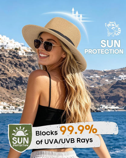 FURTALK Womens Mens Wide Brim Straw Panama Hat Fedora Summer Beach Sun Hat
