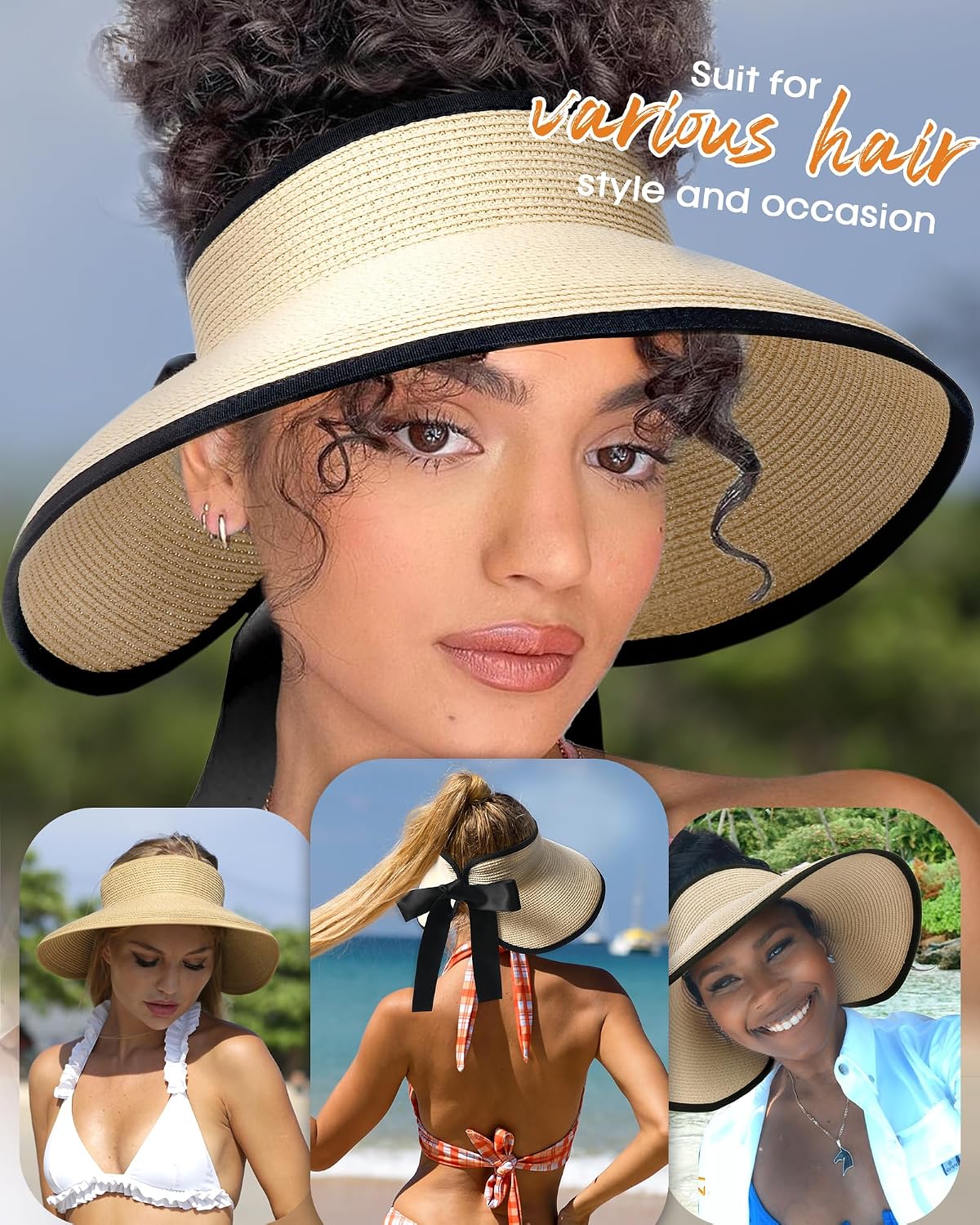 Camptrace Women's Straw Sun Visor Hat UPF Wide Shade Ponytail Summer Hat
