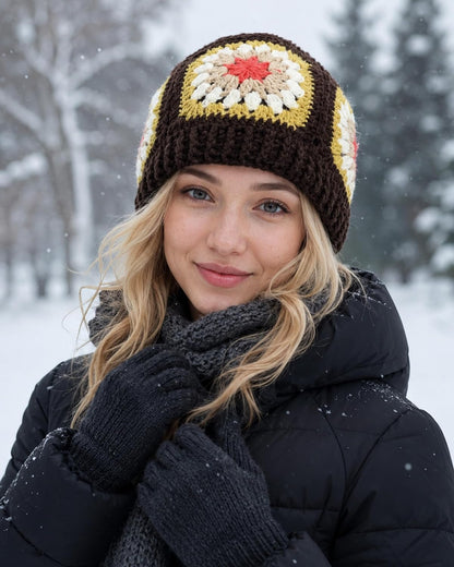 Floral Beanie for Women Granny Square Crochet Knit Warm Hat