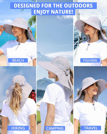 Womens Sun Hat Outdoor UV Protection Wide Brim Fishing Hat with Ponytail Hole Neck Flap for Beach Hiking Camping