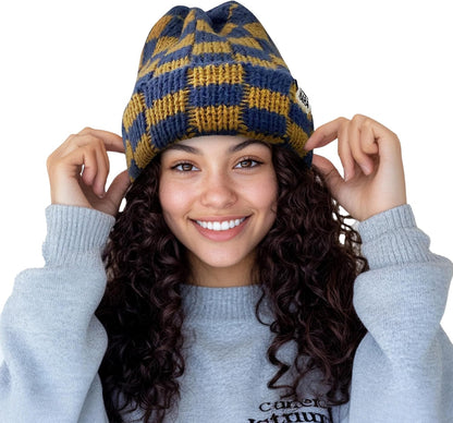 CLAPE Womens Cute Slouchy Beanies Hats, Winter Warm Chunky Checkered Beanie Large Cuff Knitted Hat Ski Cap for Cold Weather