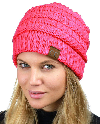 C.C Unisex Chunky Soft Stretch Cable Knit Warm Fuzzy Lined Skully Beanie