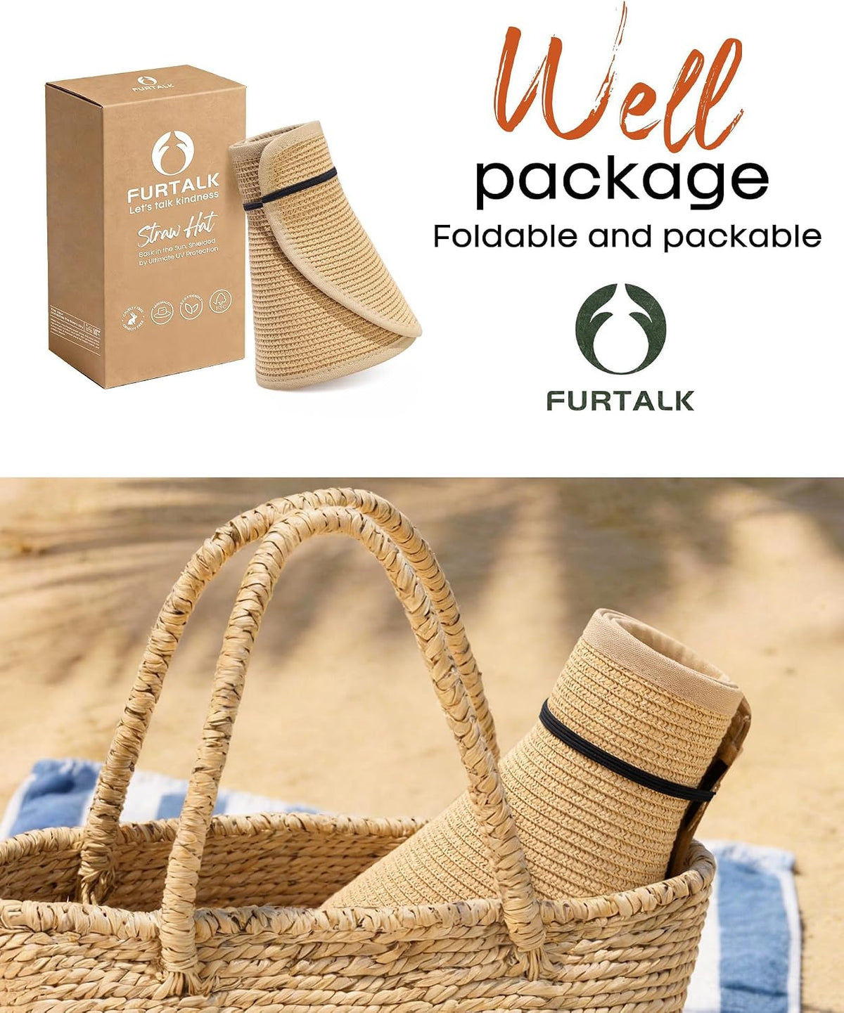 FURTALK Womens Sun Hat with Ponytail Hole Wide Brim Beach Straw Visor