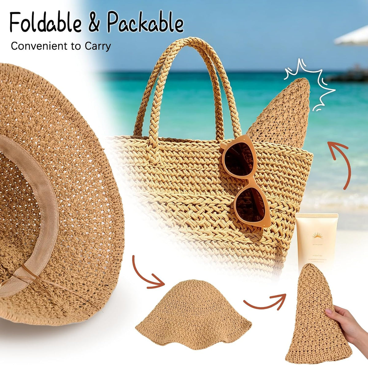Sun Hat for Women Summer Straw Beach Hats Bucket Hat Floppy Crochet Hat
