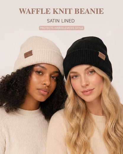 Satin Lined Beanie for Women Men Waffle Knit Winter Hats Thick Double Layer Warm Cuffed Silk Lining Cozy Soft