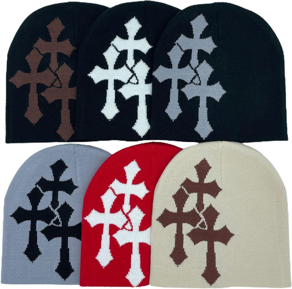 Y2K Dark Cross Wool Hat - Fashion Cross Pattern Loose Pile Knit Hat for Cold Weather - Autumn and Winter
