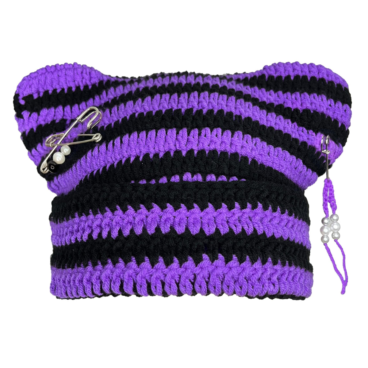 Cat Ear Beanie for Women, Y2K Striped Slouchy Crochet Goth Style with DIY Accessories, Cute Knit Hat with Ears