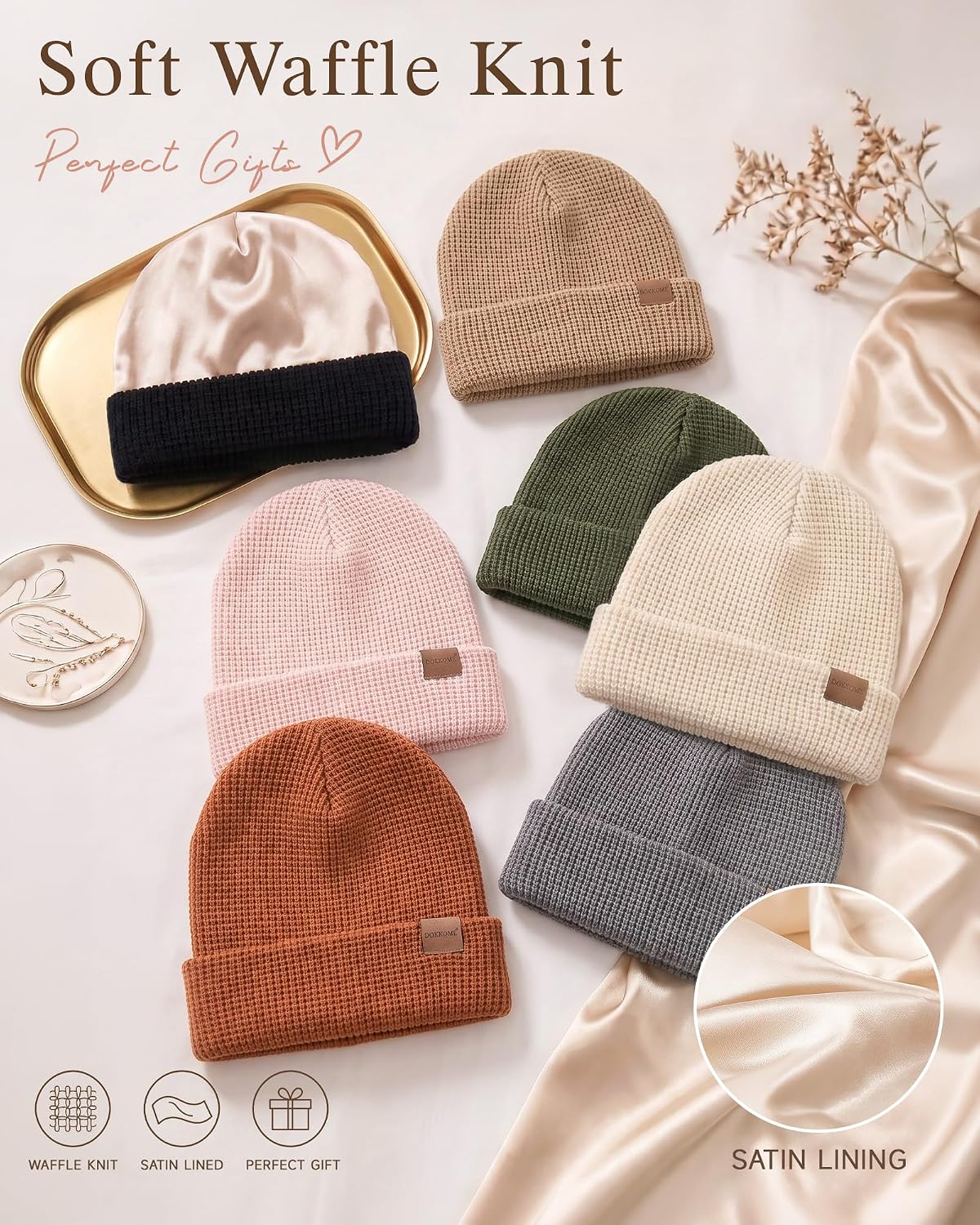 Satin Lined Beanie for Women Men Waffle Knit Winter Hats Thick Double Layer Warm Cuffed Silk Lining Cozy Soft