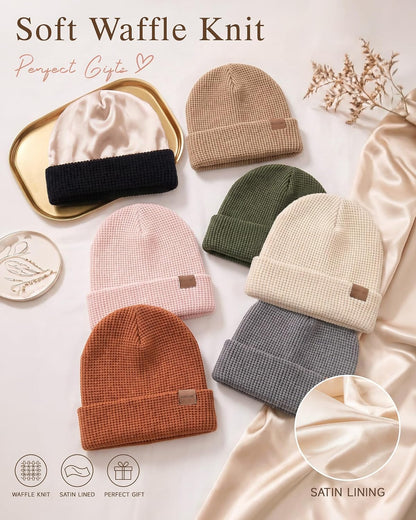 Satin Lined Beanie for Women Men Waffle Knit Winter Hats Thick Double Layer Warm Cuffed Silk Lining Cozy Soft