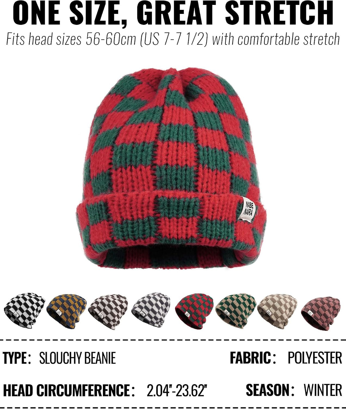 CLAPE Womens Cute Slouchy Beanies Hats, Winter Warm Chunky Checkered Beanie Large Cuff Knitted Hat Ski Cap for Cold Weather