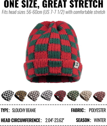 CLAPE Womens Cute Slouchy Beanies Hats, Winter Warm Chunky Checkered Beanie Large Cuff Knitted Hat Ski Cap for Cold Weather
