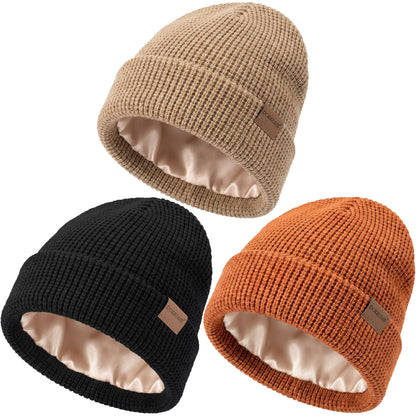 Satin Lined Beanie for Women Men Waffle Knit Winter Hats Thick Double Layer Warm Cuffed Silk Lining Cozy Soft